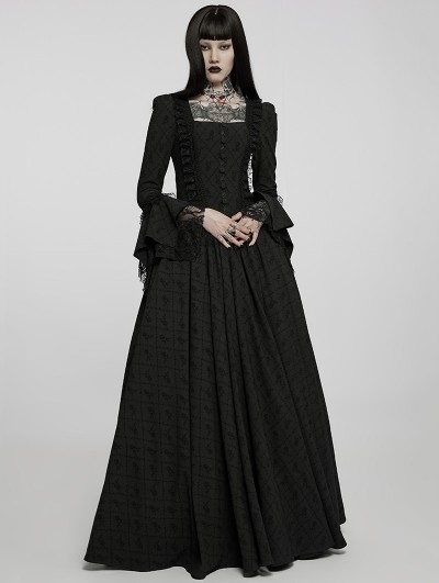 Punk Rave Black Vintage Gothic Victorian Square Neck Long Sleeve Gown