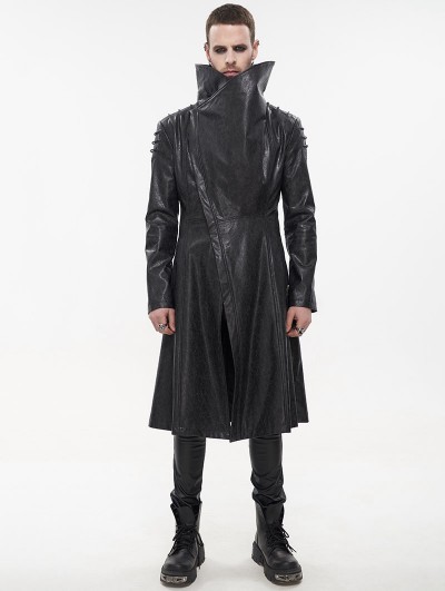 Devil Fashion Black Gothic Punk Do Old Style PU Leather Long Coat for Men