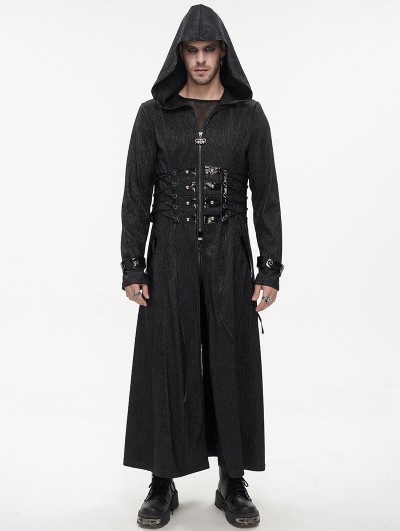 Devil Fashion Black Gothic Punk Rivet Long Hooded Coat for Men
