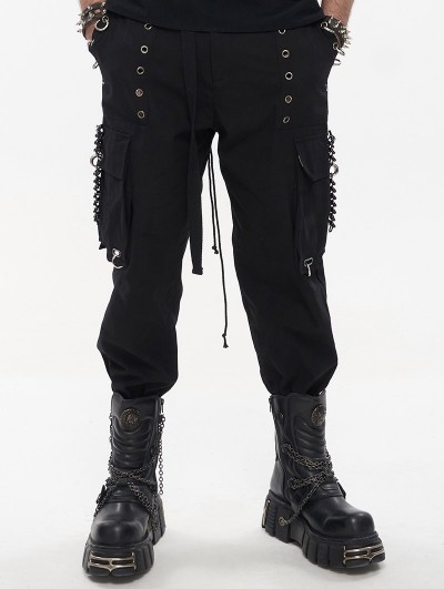 Devil Fashion Black Gothic Punk Casual Rivet Hoop Long Cargo Pants for Men