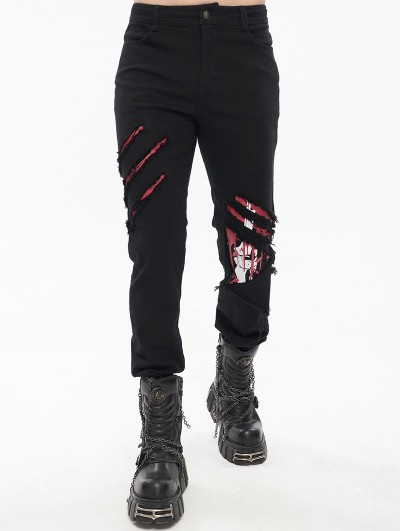 Devil Fashion Black and Red Gothic Punk Ripped Pattern Slim Fit Long Trousers for Men