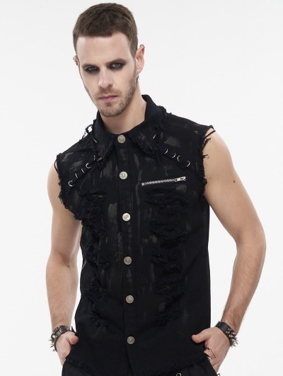 Devil Fashion Black Gothic Punk Rock Ripped Sleeveless Shirt for Men