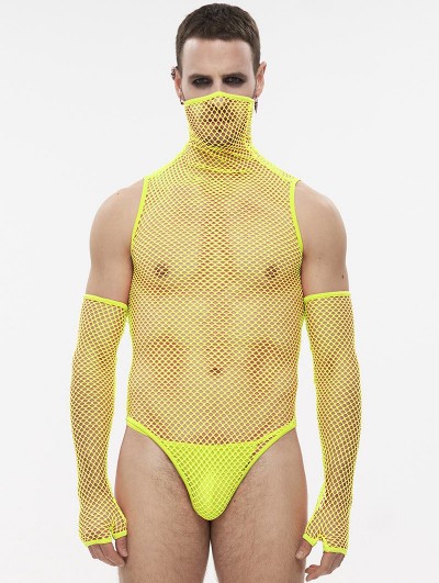 Devil Fashion Yellow Gothic Mesh Sexy Top with Detachable Sleeves for Men