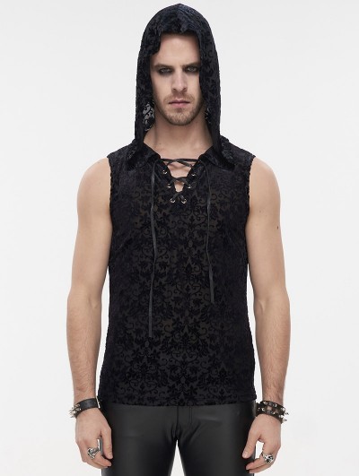 Devil Fashion Black Gothic Vintage Jacquard Hooded Sleeveless T-Shirt for Men