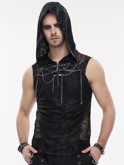 Devil Fashion Black Gothic Punk Chain Skull Net Hooded Sleeveless T-shirt for Men