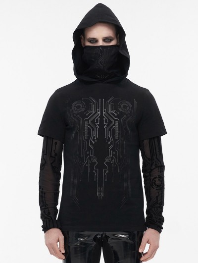 Devil Fashion Black Gothic Punk Pattern Fake Two Piece Hooded Mask T-Shirt for Men