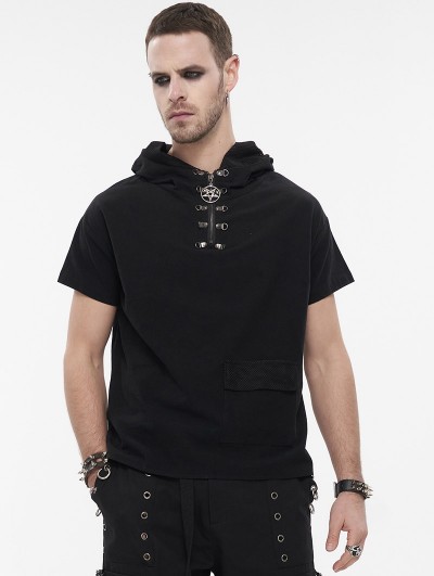 Devil Fashion Black Gothic Punk Hooded Pentagram Short Sleeve T-Shirt for Men