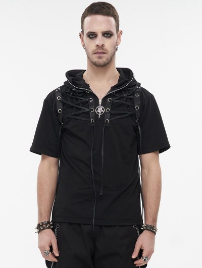 Devil Fashion Black Gothic Punk Zipper Hooded Short Sleeve T-Shirt for Men