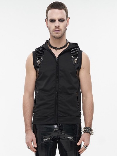 Devil Fashion Black Gothic Punk Skull Sleeveless Hooded Vest Top for Men