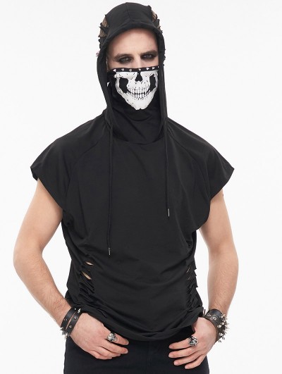 Devil Fashion Black Gothic Punk Hole Hooded Short Sleeve T-Shirt for Men