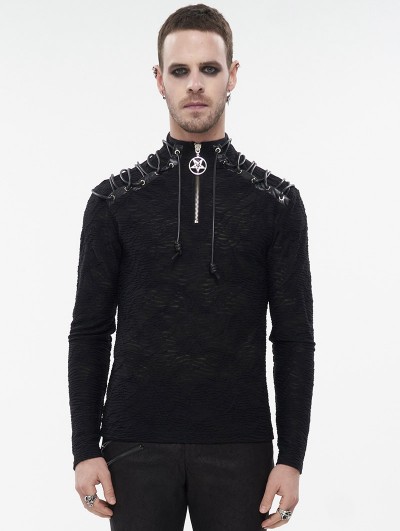 Devil Fashion Black Gothic Punk Zip T-Neck Long Sleeve T-Shirt for Men