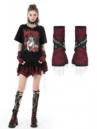 Dark in Love Black and Red Gothic Punk Studded Gloves for Women