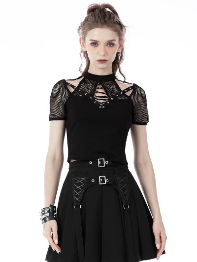 Dark in Love Black Gothic Punk Hollow-out Net Short Sleeve T-Shirt for Women