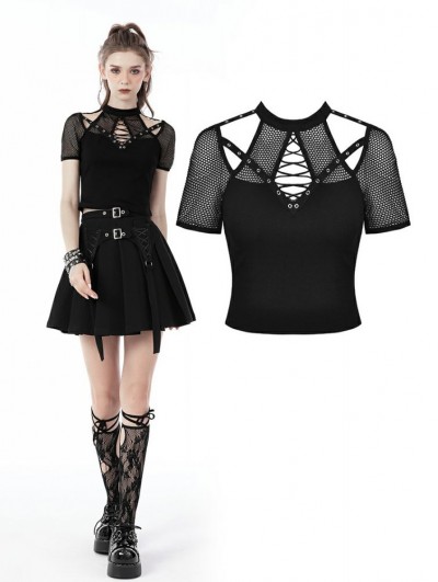 Dark in Love Black Gothic Punk Hollow-out Net Short Sleeve T-Shirt for Women