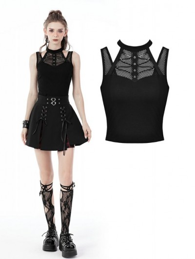 Dark in Love Black Gothic Punk Hollow-out Net Sleeveless T-Shirt for Women