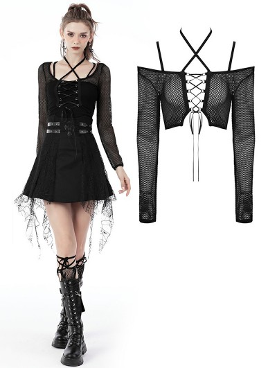 Dark in Love Black Gothic Net See-Through Sexy Lace Up Top for Women