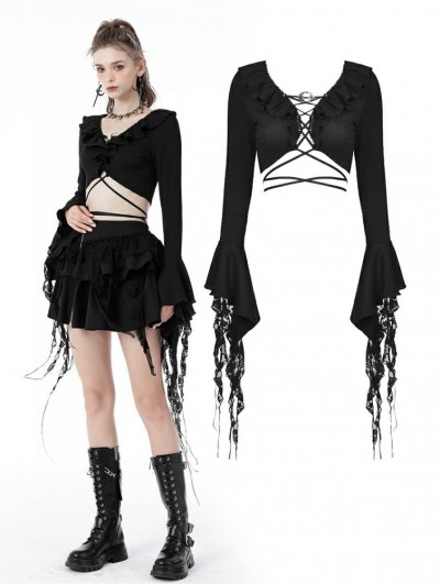 Dark in Love Black Gothic Witch Ripped Long Sleeves Sexy Short Top for Women