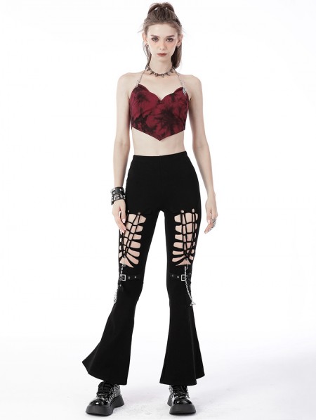Dark in Love Black Gothic Punk Hollow-out Long Bell-Bottom Trousers for ...