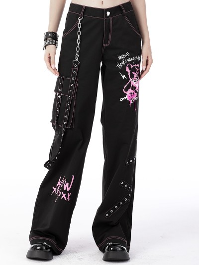 Dark in Love Black Gothic Punk Rebel Fashion Danger Bear Metal Studded Baggy Trousers for Women