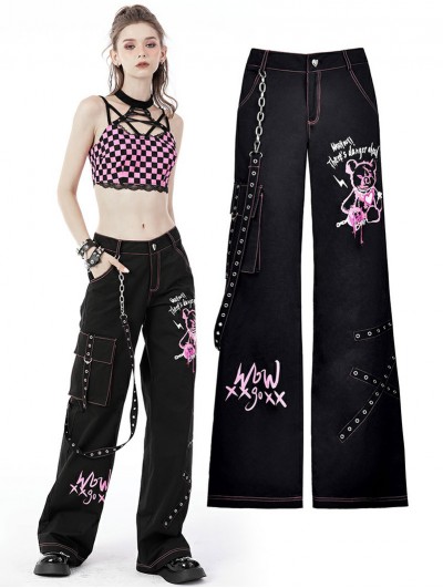 Dark in Love Black Gothic Punk Rebel Fashion Danger Bear Metal Studded Baggy Trousers for Women