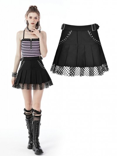 Dark in Love Black Gothic Punk Girl Studded Pleated Mini Skirt