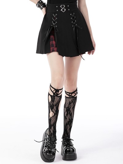 Dark in Love Black Gothic High Waist Pleated Split Red Plaid Mini Skirt