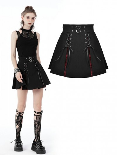Dark in Love Black Gothic High Waist Pleated Split Red Plaid Mini Skirt