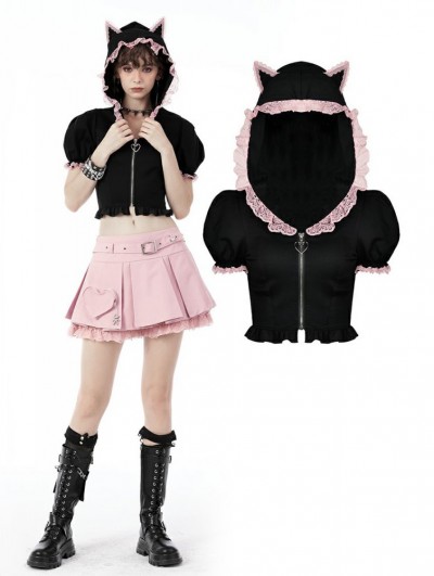 Dark in Love Black and Pink Gothic Lolita Cat Ear Short Hooded Top for Women