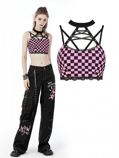 Dark in Love Black and Pink Plaid Gothic Grunge Halter Crop Top for Women