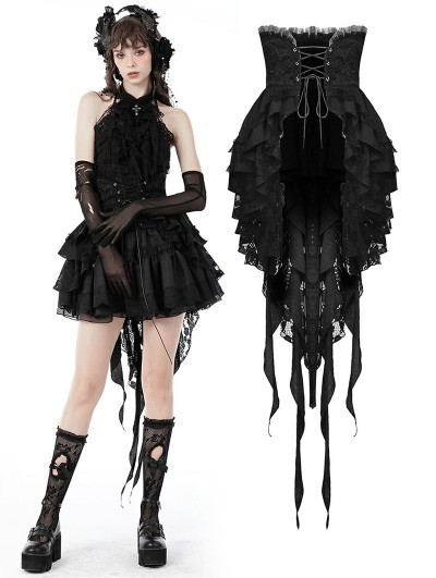 Dark in Love Black Gothic Lace Frilly Tail High-Low Party Tunic Skirt