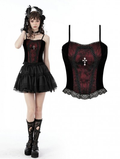 Dark in Love Dark Red Gothic Dead Cross Lace Trim Strap Corset Top for Women