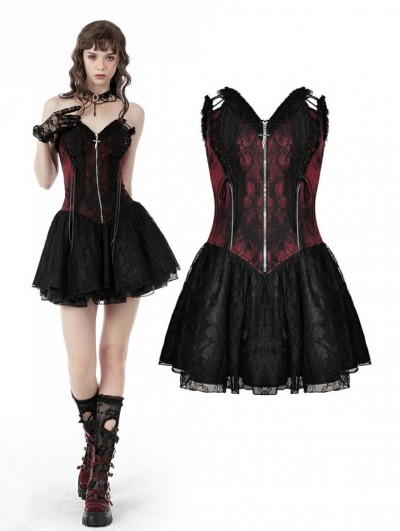 Dark in Love Black and Wine Red Gothic Strapless Lace Short Party Dress