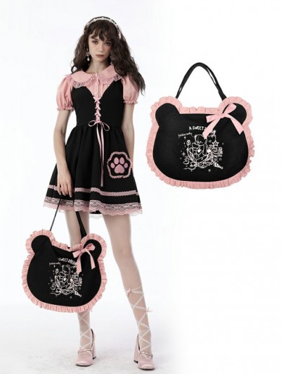 Dark in Love Black and Pink Gothic Adventures of Little Bear Ear Handbag