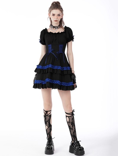 Dark in Love Black and Blue Cute Gothic Frilly Short Puff Sleeve Doll Dress