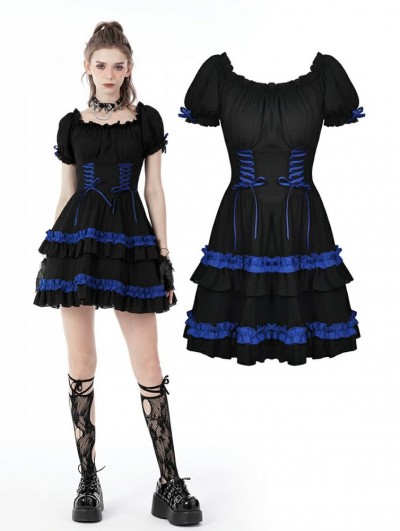 Dark in Love Black and Blue Cute Gothic Frilly Short Puff Sleeve Doll Dress