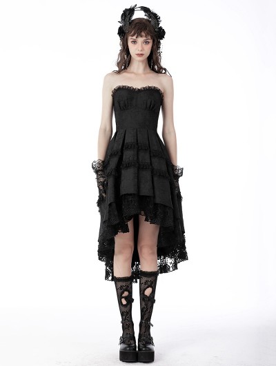 Dark in Love Black Gothic Lace Noble Dovetail High-Low Party Dress