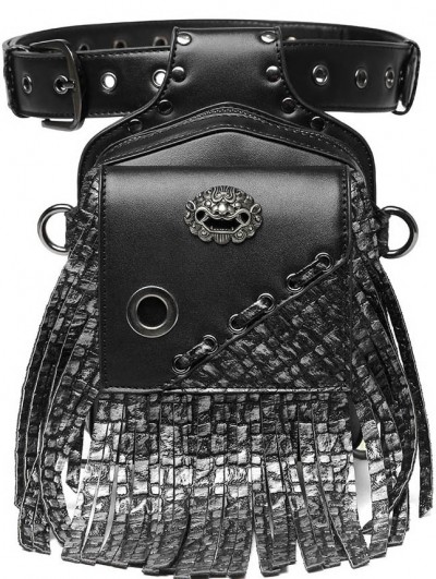 Black Gothic Punk PU Leather Outdoor Tactical Tassel Waist Bag