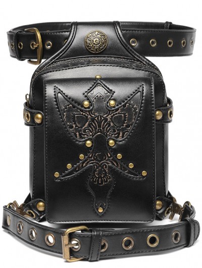 Black Gothic Punk Retro Embossed Motorcycle Riding Tactical Waist Bag