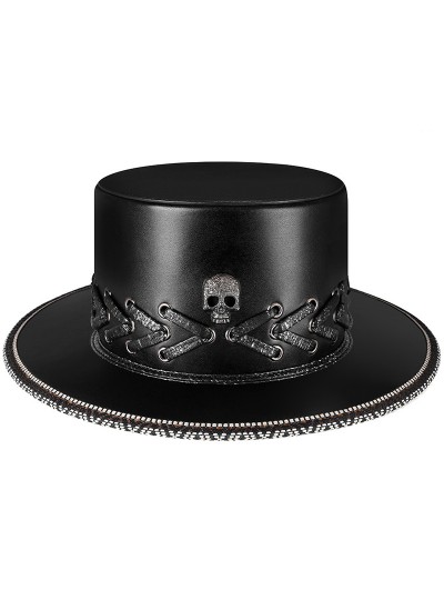 Black PU Leather Punk Gothic Skull Halloween Party Costume Top hat