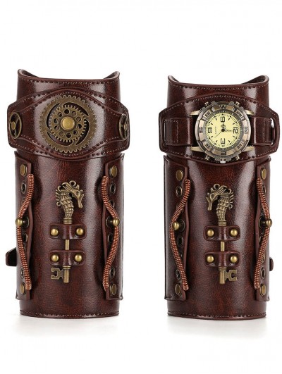 Brown Vintage PU Leather Gear Clock Steampunk Arm Bracer