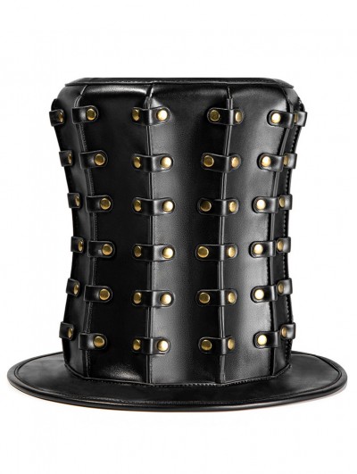 Black Gothic Punk Studded High Top Banquet PU Leather Hat