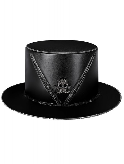 Black and Silver Steampunk Skull Chain Gothic Flat Top Hat