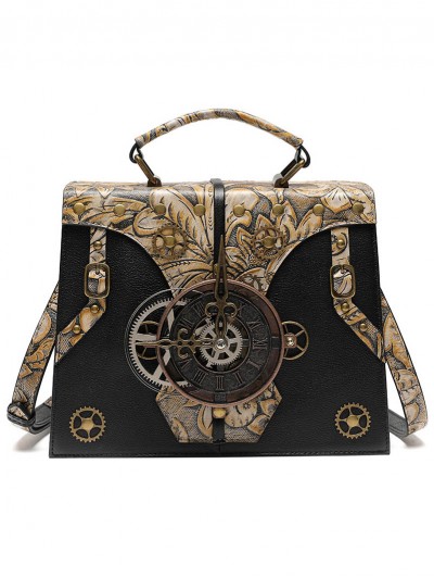 Steampunk Vintage Gear Clock Embossed Leather Shoulder Bag
