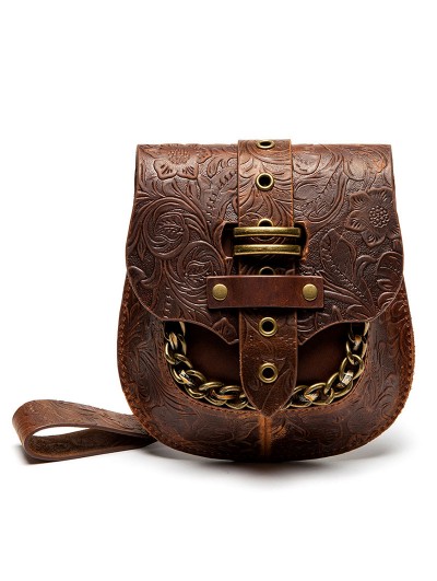 Brown Vintage Steampunk Chain Embossed Shell Shoulder Bag