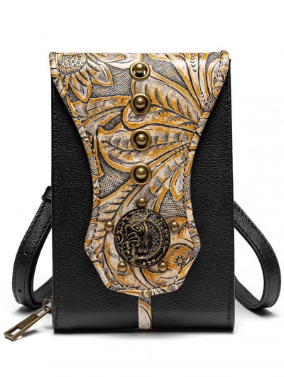 Black and Gold Steampunk Rivet Shoulder Waist Zipper Bag