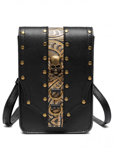 Black and Gold Gothic Skull Rivet Shoulder Waist Messenger Bag