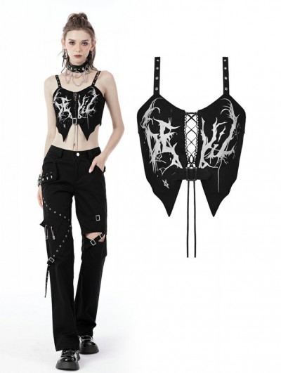 Dark in Love Black Gothic Punk Ghost Pattern Butterfly Shaped Crop Top for Women