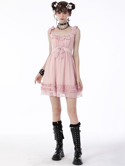 Dark in Love Pink Doll Cute Chiffon Frilly Bowknot Short Strap Dress