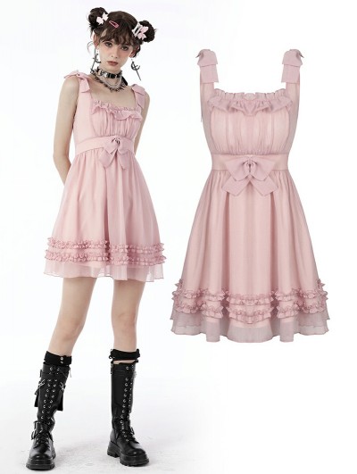 Dark in Love Pink Doll Cute Chiffon Frilly Bowknot Short Strap Dress