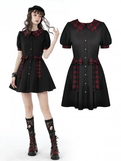 Dark in Love Black Gothic Lolita Red Plaid Button Up Short Dress